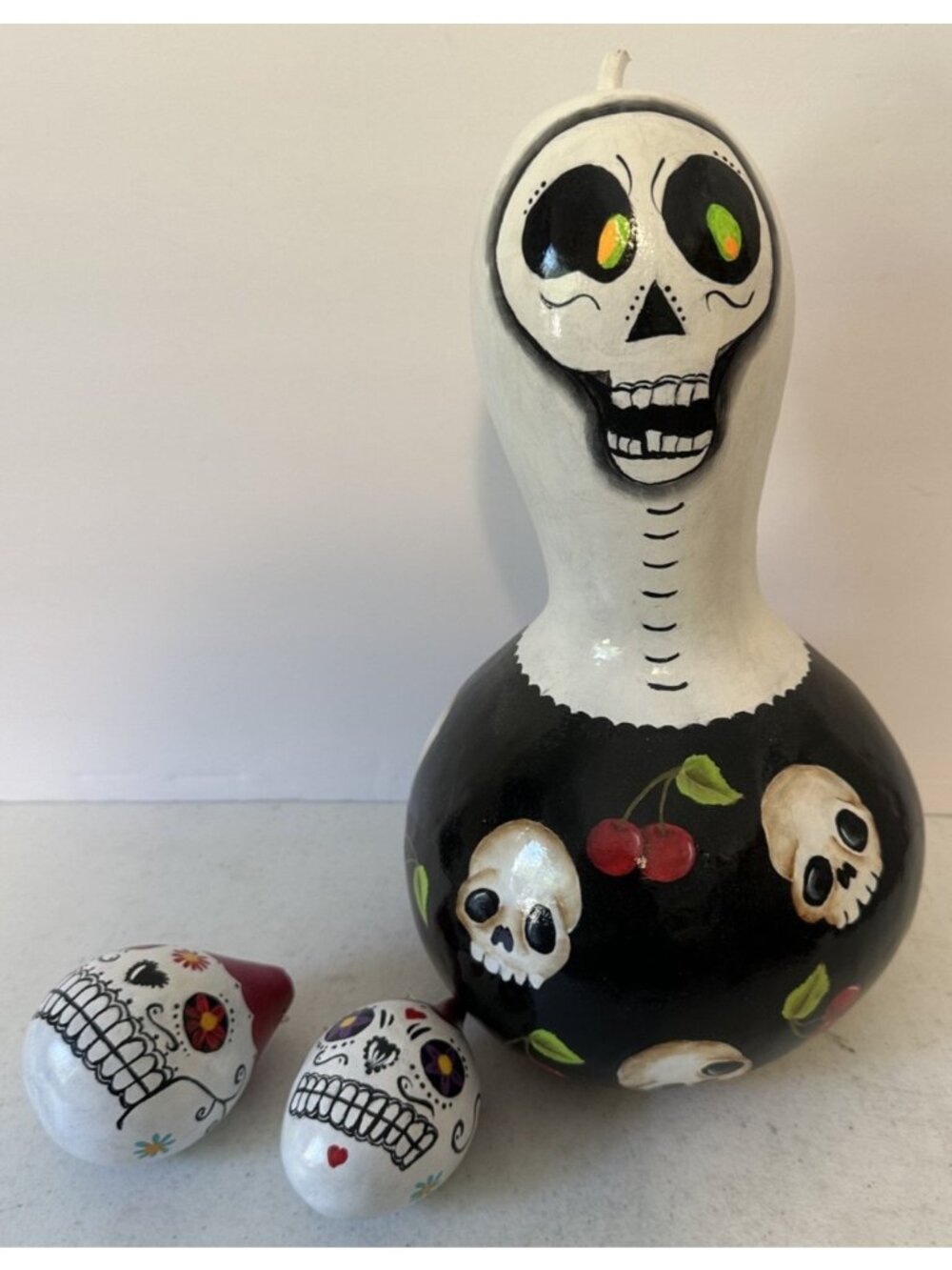 Sugar Skull painted gourd skeleton Halloween Day of the Dead cherries folk art